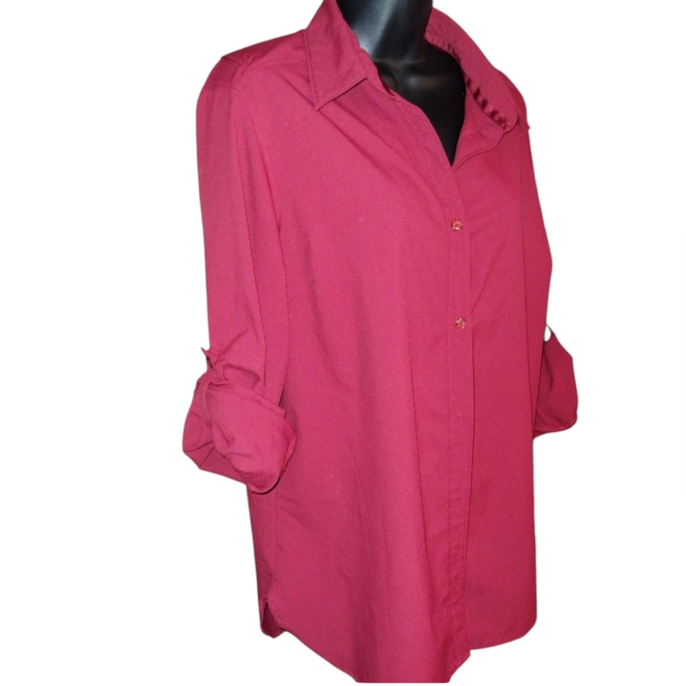 Columbia red blouse, button front, size large, vents in back